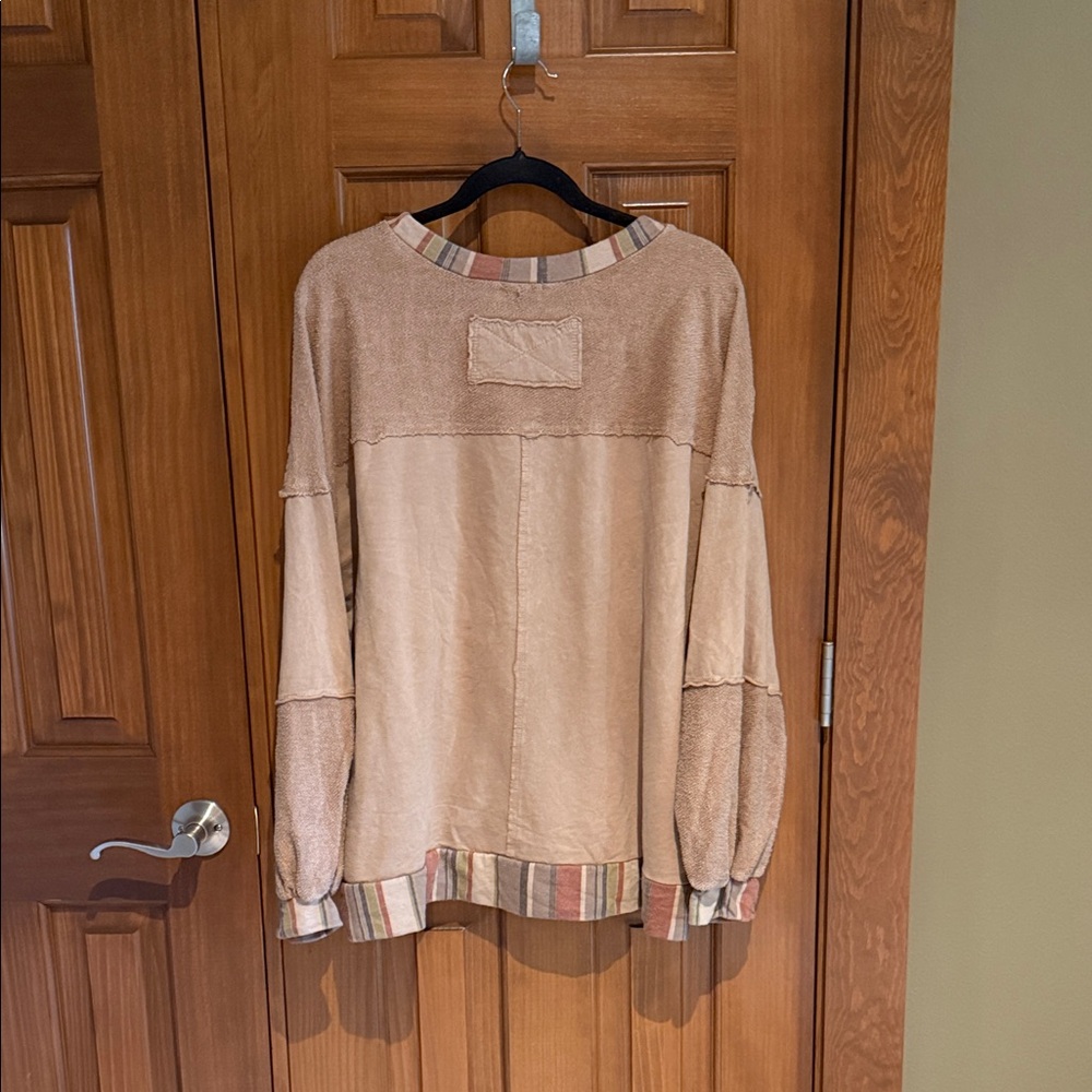 J.Her Neutral Beige Striped Patchwork Pullover Sweatshirt - Picture 4 of 6